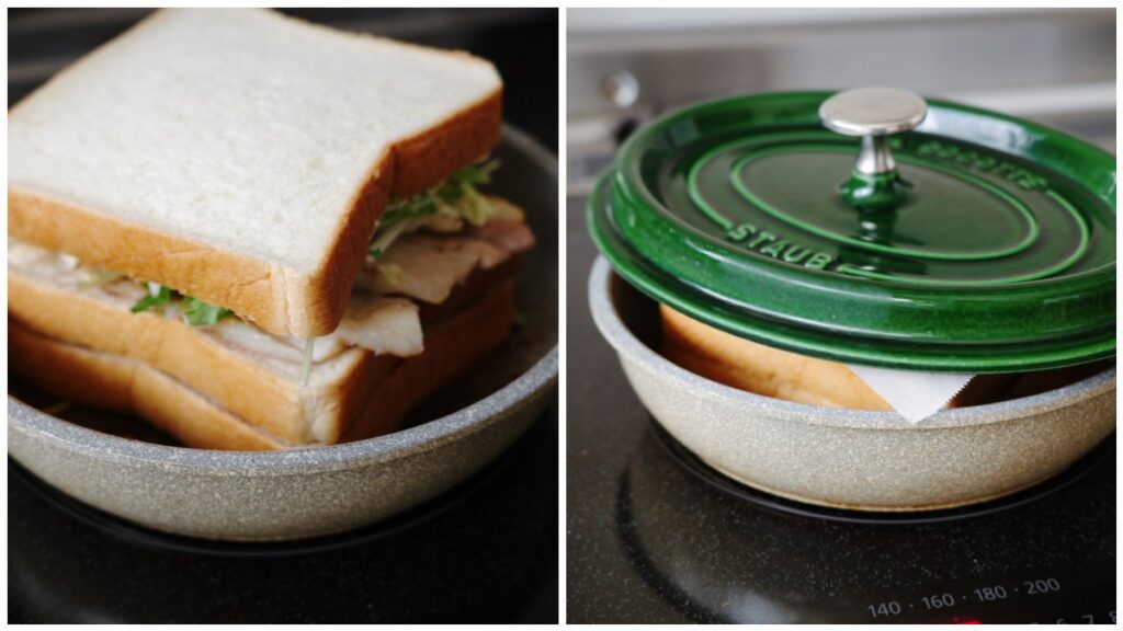 フライパンで作るホットサンドは、重しをして焼いていきます。